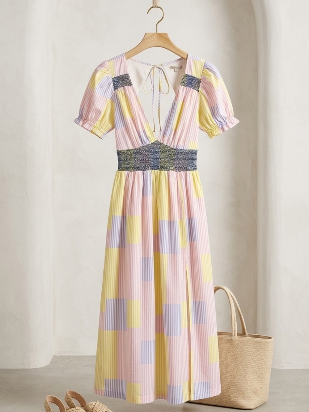Urban Outfitters Liliana Side Slit Midi Dress Puff Sleeve patchwork striped Sz M